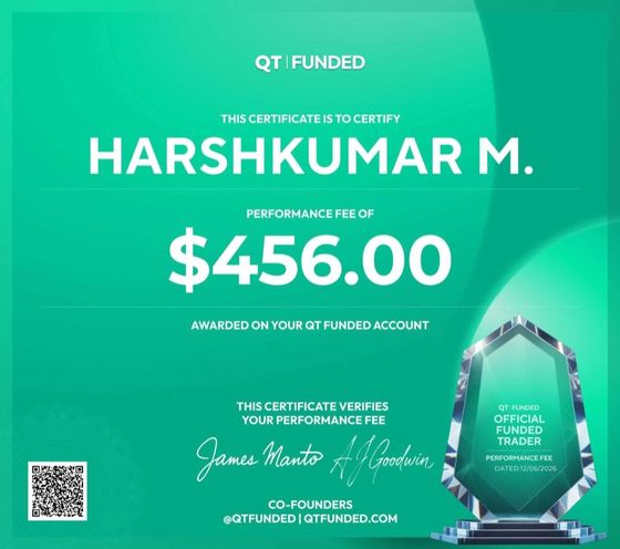 QT Funded official payout certificate — Harshkumar M., performance fee $456.00, co-signed by James Manto and A.J. Goodwin