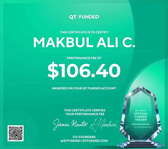 QT Funded official payout certificate — Makbul Ali C., performance fee $106.40, co-signed by James Manto and A.J. Goodwin