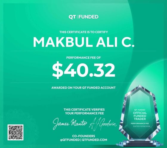 QT Funded official payout certificate — Makbul Ali C., performance fee $40.32, co-signed by James Manto and A.J. Goodwin