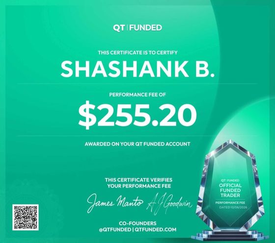 QT Funded official payout certificate — Shashank B., performance fee $255.20, co-signed by James Manto and A.J. Goodwin