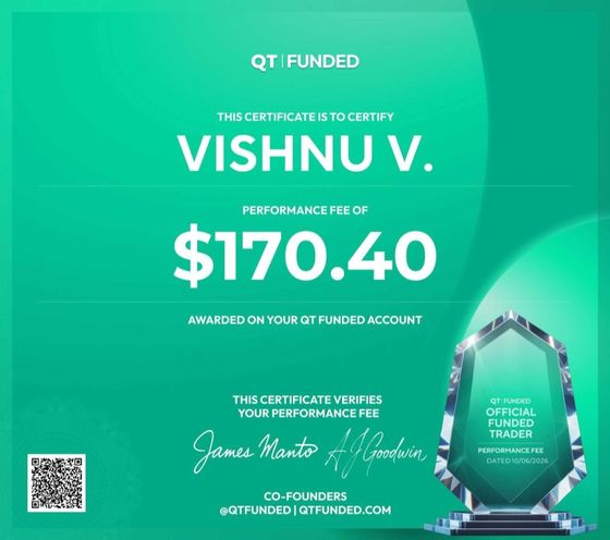 QT Funded official payout certificate — Vishnu V., performance fee $170.40, co-signed by James Manto and A.J. Goodwin