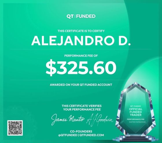 QT Funded official payout certificate — Alejandro D., performance fee $325.60, co-signed by James Manto and A.J. Goodwin