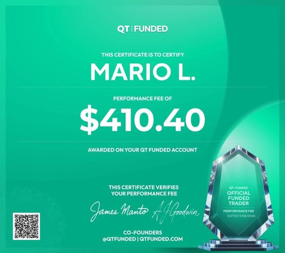 QT Funded official payout certificate — Mario L., performance fee $410.40, co-signed by James Manto and A.J. Goodwin