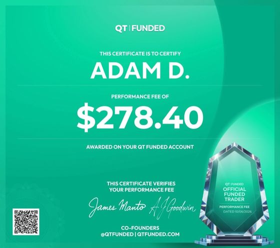 QT Funded official payout certificate — Adam D., performance fee $278.40, co-signed by James Manto and A.J. Goodwin