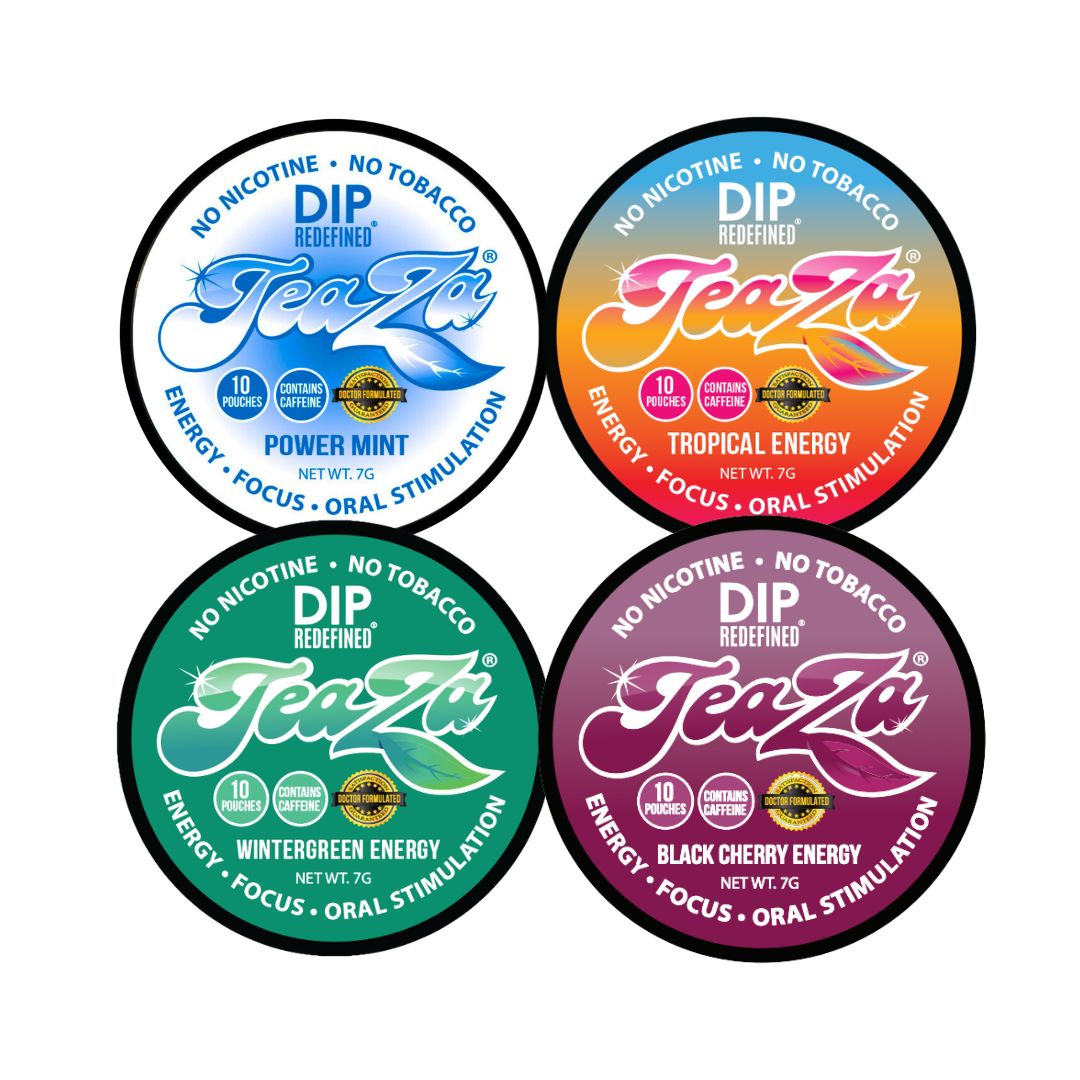 Four TeaZa energy puck flavors: Power Mint, Tropical, Wintergreen and Black Cherry